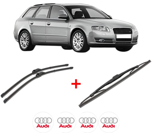 Set 3 stergatoare AUDI A4 B7 Avant (8ED) din 2004 - 2008, pentru parbriz si luneta fata si spate auto, Valeo Silencio, din cauciuc siliconat rezistent, 4 Stickere Auto AUDI