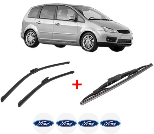 Set 3 stergatoare FORD FOCUS C-MAX (DM2) din 2003 - 2007, pentru parbriz si luneta fata si spate auto, Bosch Twin, din cauciuc siliconat rezistent, 4 Stickere Auto FORD