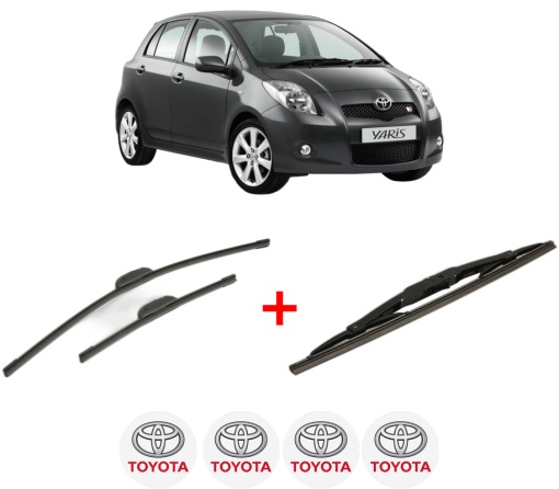 Set 3 stergatoare TOYOTA YARIS (_P9_) din 2005 - 2014, pentru parbriz si luneta fata si spate auto, Bosch Twin, din cauciuc siliconat rezistent, 4 Stickere Auto TOYOTA