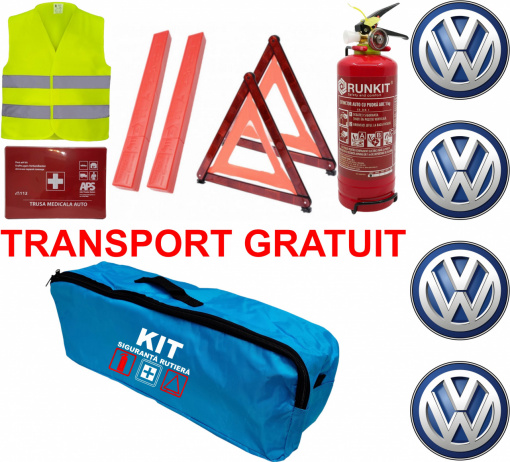 Set Kit siguranta auto omologat R.A.R, Stingator cu manometru 1kg P1 , Trusa Medicala, 2 Triunghiuri Reflectorizante, geanta color - albastra + Stickere Cadou VOLKSWAGEN- kit compatibil cu orice autoturism
