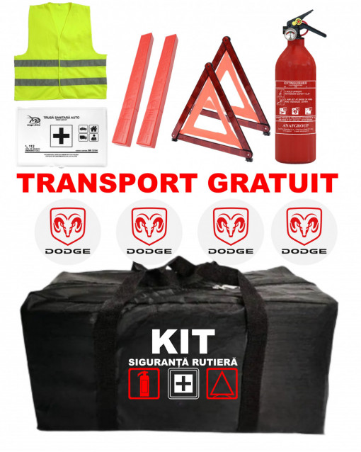Set Kit - Trusa siguranta auto omologat R.A.R, Stingator cu manometru 1kg P1 , Trusa Medicala, 2 Triunghiuri Reflectorizante , 4 stickere autoadezive Dodge