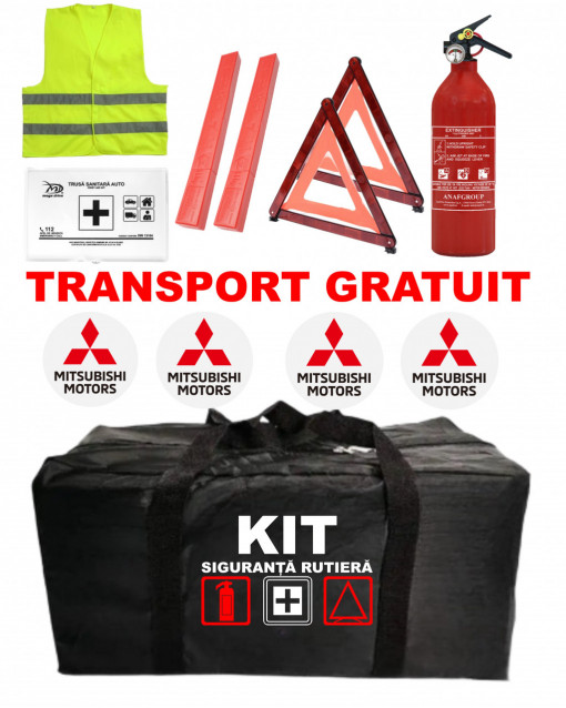 Set Kit - Trusa siguranta auto omologat R.A.R, Stingator cu manometru 1kg P1 , Trusa Medicala, 2 Triunghiuri Reflectorizante , 4 stickere autoadezive Mitsubishi