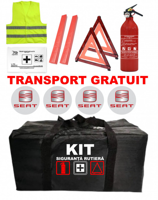 Set Kit - Trusa siguranta auto omologat R.A.R, Stingator cu manometru 1kg P1 , Trusa Medicala, 2 Triunghiuri Reflectorizante , 4 stickere autoadezive SEAT
