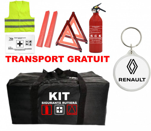 Set Kit - Trusa siguranta auto omologat R.A.R, Stingator cu manometru 1kg P1 , Trusa Medicala, 2 Triunghiuri Reflectorizante , 1 Breloc RENAULT