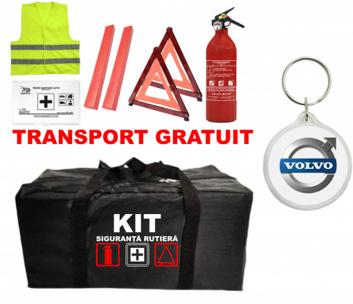 Set Kit - Trusa siguranta auto omologat R.A.R, Stingator cu manometru 1kg P1 , Trusa Medicala, 2 Triunghiuri Reflectorizante , 1 Breloc VOLVO