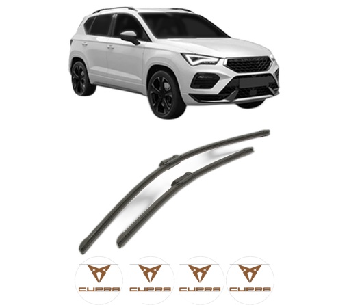 Set stergatoare CUPRA ATECA (KH7, KHP, KBP) din 2018-2023, pentru parbriz auto, 2 bucati, Bosch Aerotwin, din cauciuc siliconat rezistent, 4 Stickere Auto CUPRA