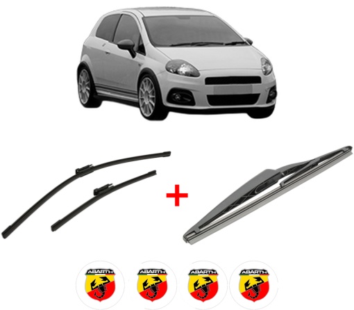 Set 3 stergatoare ABARTH GRANDE PUNTO din 2005 - 2015, pentru parbriz si luneta fata si spate auto, Bosch Twin, din cauciuc siliconat rezistent, 4 Stickere Auto ABARTH