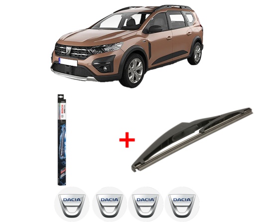Set 3 stergatoare DACIA JOGGER (RK_) din 2021, pentru parbriz si luneta fata si spate auto, Bosch Twin, din cauciuc siliconat rezistent, 4 Stickere Auto DACIA