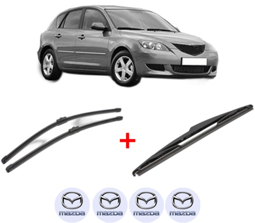 Set 3 stergatoare MAZDA 3 (BK) din 2003 - 2009, pentru parbriz si luneta fata si spate auto, Valeo Silencio, din cauciuc siliconat rezistent, 4 Stickere Auto MAZDA