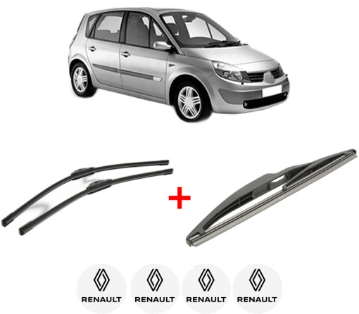 Set 3 stergatoare RENAULT SCENIC II (JM0/1_) din 2003 - 2009, pentru parbriz si luneta fata si spate auto, Bosch Twin, din cauciuc siliconat rezistent, 4 Stickere Auto RENAULT