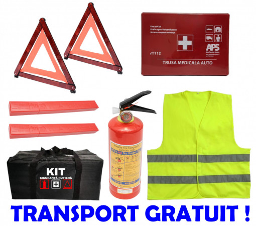 Set Kit - Trusa siguranta auto omologat R.A.R, Stingator cu manometru 1kg P1 , Trusa Medicala rosie, 2 Triunghiuri Reflectorizante - kit compatibil cu orice autoturism