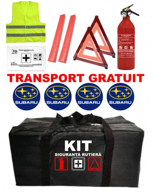 Set Kit - Trusa siguranta auto omologat R.A.R, Stingator cu manometru 1kg P1 , Trusa Medicala, 2 Triunghiuri Reflectorizante , 4 stickere autoadezive SUBARU