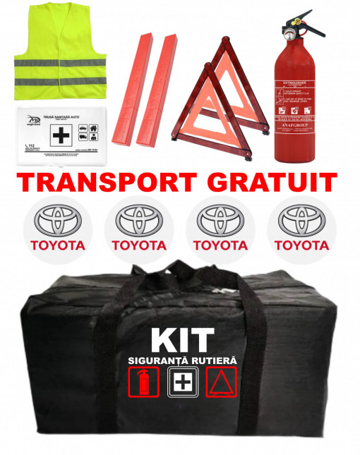 Set Kit - Trusa siguranta auto omologat R.A.R, Stingator cu manometru 1kg P1 , Trusa Medicala, 2 Triunghiuri Reflectorizante , 4 stickere autoadezive Toyota