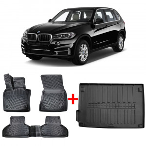 Bmw X5 F15 2013-2018 Set 4 covorase auto din cauciuc tip tavita Premium Line 3D + Tavita portbagaj Modern Line