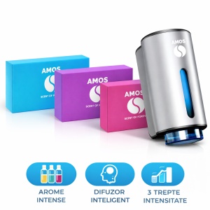 Difuzor parfum auto AMOS Mini, 3 seturi rezerve parfum 21 arome, odorizant inteligent, arome intense, 3 trepte intensitate