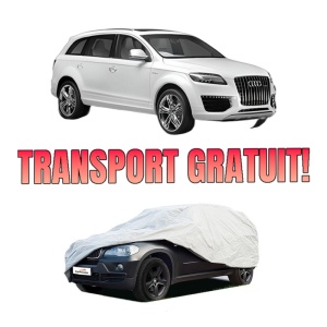 Husa tip prelata auto AUDI Q7 Van (4LB) din 2006-2015, Culoare Gri, material textil impermeabil, rezistanta la intemperii praf UV, CARPASSION Husa Protectie, 4 Stickere auto cu AUDI