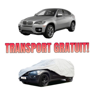 Husa tip prelata auto BMW X6 (E71, E72) din 2007-2014, Culoare Gri, material textil impermeabil, rezistanta la intemperii praf UV, CARPASSION Husa Protectie, 4 Stickere auto cu BMW