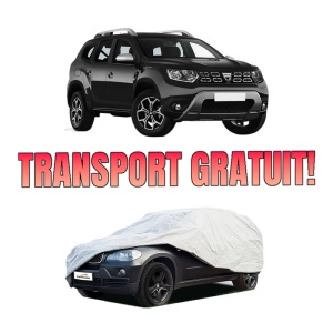 Husa tip prelata auto DACIA DUSTER (HM_) din 2017-2022, Culoare Gri, material textil impermeabil, rezistanta la intemperii praf UV, CARPASSION Husa Protectie, 4 Stickere auto cu DACIA