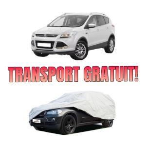 Husa tip prelata auto FORD KUGA II (DM2) din 2013-2019, Culoare Gri, material textil impermeabil, rezistanta la intemperii praf UV, CARPASSION Husa Protectie, 4 Stickere auto cu FORD