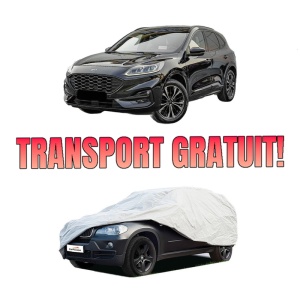 Husa tip prelata auto FORD KUGA III (DFK) din 2019-2023, Culoare Gri, material textil impermeabil, rezistanta la intemperii praf UV, CARPASSION Husa Protectie, 4 Stickere auto cu FORD