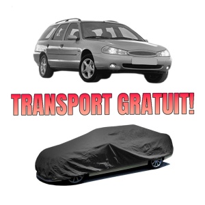 Husa tip prelata auto FORD MONDEO II Turnier (BNP) din 1996-2000, Culoare Negru, material textil impermeabil, rezistanta la intemperii praf UV, CARPASSION Husa Protectie, 4 Stickere auto cu FORD