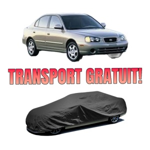 Husa tip prelata auto HYUNDAI ELANTRA III Saloon (XD) din 2000-2006, Culoare Negru, material textil impermeabil, rezistanta la intemperii praf UV, CARPASSION Husa Protectie, 4 Stickere auto cu HYUNDAI