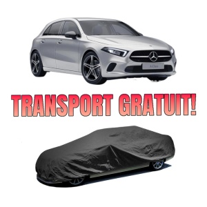 Husa tip prelata auto MERCEDES-BENZ A-CLASS (W177) din 2018-2022, Culoare Negru, material textil impermeabil, rezistanta la intemperii praf UV, CARPASSION Husa Protectie, 4 Stickere auto cu MERCEDES-BENZ