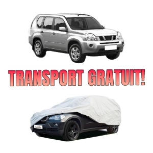 Husa tip prelata auto NISSAN X-TRAIL II (T31) din 2007-2014, Culoare Gri, material textil impermeabil, rezistanta la intemperii praf UV, CARPASSION Husa Protectie, 4 Stickere auto cu NISSAN