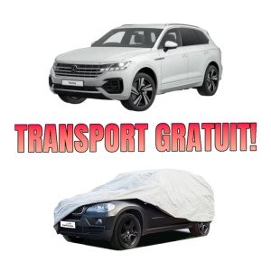 Husa tip prelata auto Volskwagen TOUAREG (CR7, RC8) din 2017-2023, Culoare Gri, material textil impermeabil, rezistanta la intemperii praf UV, CARPASSION Husa Protectie, 4 Stickere auto cu Volskwagen
