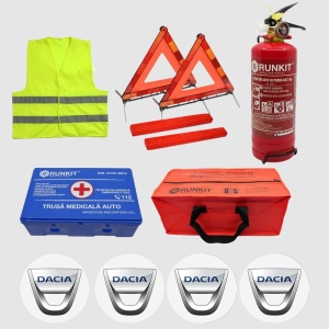 Kit siguranta auto Cri-Flo, Omologat R.A.R, Valabilitate 5 ani, 1x Trusa Prim Ajutor, 2 x Triunghiuri, 1x Stingator tip Spray, 1x Vesta reflectorizanta, Geanta pentru depozitare, 4 Stickere auto cu Dacia - Img 2