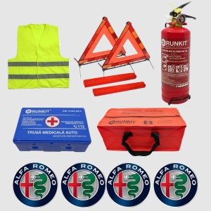 Kit siguranta auto Cri-Flo, Omologat R.A.R, Valabilitate 5 ani, 1x Trusa Prim Ajutor, 2 x Triunghiuri, 1x Stingator tip Spray, 1x Vesta reflectorizanta, Geanta pentru depozitare, 4 Stickere auto cu Alfa-Romeo - Img 2