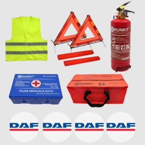 Kit siguranta auto Cri-Flo, Omologat R.A.R, Valabilitate 5 ani, 1x Trusa Prim Ajutor, 2 x Triunghiuri, 1x Stingator tip Spray, 1x Vesta reflectorizanta, Geanta pentru depozitare, 4 Stickere auto cu Daf - Img 2