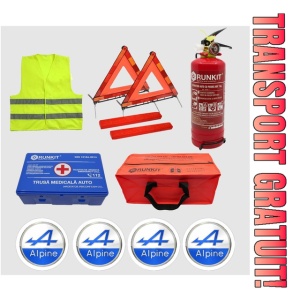 Kit siguranta auto Cri-Flo, Omologat R.A.R, Valabilitate 5 ani, 1x Trusa Prim Ajutor, 2 x Triunghiuri, 1x Stingator tip Spray, 1x Vesta reflectorizanta, Geanta pentru depozitare, 4 Stickere auto cu Alpine