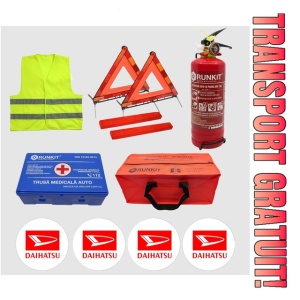 Kit siguranta auto Cri-Flo, Omologat R.A.R, Valabilitate 5 ani, 1x Trusa Prim Ajutor, 2 x Triunghiuri, 1x Stingator tip Spray, 1x Vesta reflectorizanta, Geanta pentru depozitare, 4 Stickere auto cu Daihatsu