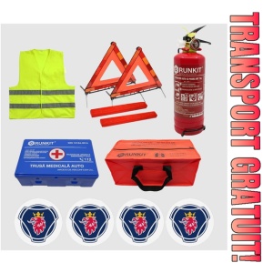 Kit siguranta auto Cri-Flo, Omologat R.A.R, Valabilitate 5 ani, 1x Trusa Prim Ajutor, 2 x Triunghiuri, 1x Stingator tip Spray, 1x Vesta reflectorizanta, Geanta pentru depozitare, 4 Stickere auto cu Scania
