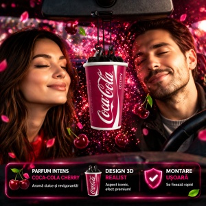 Odorizant Auto 3D Coca Cola Cherry, Tip Pahar, Oglinda Retrovizoare, Parfum Intens și Persistent, Design Realist, Vegan Friendly - Img 4