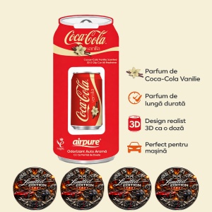Odorizant Auto 3D Coca Cola Vanilie, Tip Doza, Clip Ventilatie, Parfum Intens și Persistent, Design Realist, Vegan Friendly