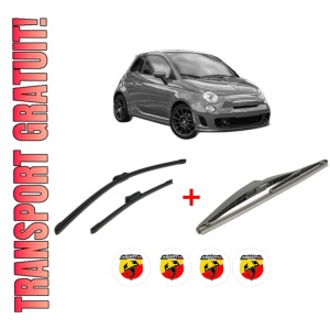 Set 3 stergatoare ABARTH 500 / 595 / 695 din 2008, pentru parbriz si luneta fata si spate auto, Bosch Twin, din cauciuc siliconat rezistent, 4 Stickere Auto ABARTH