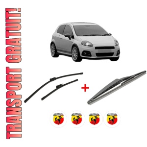Set 3 stergatoare ABARTH PUNTO din 2005 - 2015, pentru parbriz si luneta fata si spate auto, Bosch Twin, din cauciuc siliconat rezistent, 4 Stickere Auto ABARTH