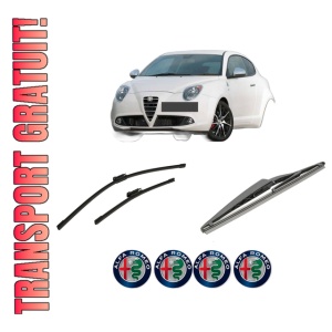 Set 3 stergatoare ALFA ROMEO MITO (955_) din 2008-2018, pentru parbriz si luneta fata si spate auto, Bosch Twin-Aerotwin Multi, din cauciuc siliconat rezistent, 4 Stickere Auto ALFA ROMEO