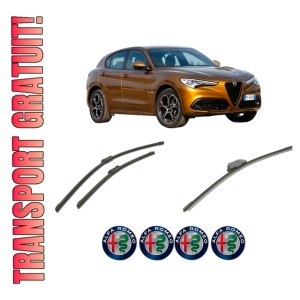 Set 3 stergatoare ALFA ROMEO STELVIO (949_) din 2016-2019, pentru parbriz si luneta fata si spate auto, Bosch Aerotwin-Aerotwin, din cauciuc siliconat rezistent, 4 Stickere Auto ALFA ROMEO