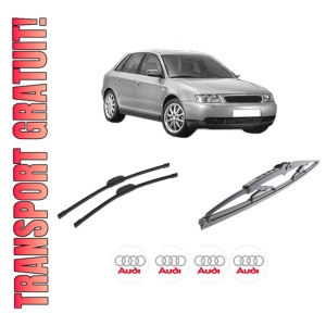 Set 3 stergatoare AUDI A3 (8L1) din 1996-2003, pentru parbriz si luneta fata si spate auto, Bosch Twin-Aerotwin Retrofit, din cauciuc siliconat rezistent, 4 Stickere Auto AUDI
