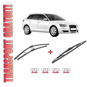 Set 3 stergatoare AUDI A3 Sportback (8PA) din 2004 - 2013, pentru parbriz si luneta fata si spate auto, Valeo Silencio, din cauciuc siliconat rezistent, 4 Stickere Auto AUDI