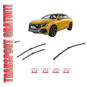 Set 3 stergatoare AUDI Q8 (4MN, 4MT) din 2018-2020, pentru parbriz si luneta fata si spate auto, Bosch Aerotwin-Aerotwin, din cauciuc siliconat rezistent, 4 Stickere Auto AUDI