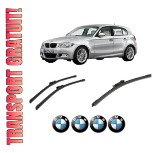 Set 3 stergatoare BMW Seria 1 (E87) din 2004-2011, pentru parbriz si luneta fata si spate auto, Bosch Aerotwin-Aerotwin, din cauciuc siliconat rezistent, 4 Stickere Auto BMW
