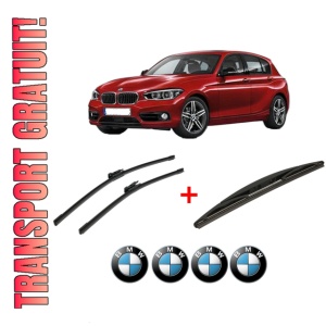Set 3 stergatoare BMW Seria 1 (F20) din 2011 - 2019, pentru parbriz si luneta fata si spate auto, Bosch Twin, din cauciuc siliconat rezistent, 4 Stickere Auto BMW