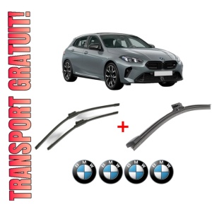 Set 3 stergatoare BMW Seria 1 (F70) din 2024, pentru parbriz si luneta fata si spate auto, Bosch Aerotwin, din cauciuc siliconat rezistent, 4 Stickere Auto BMW