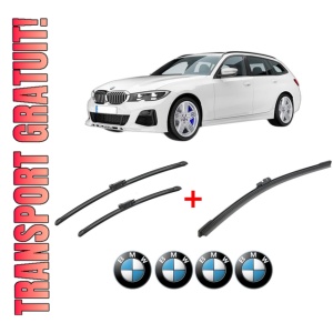 Set 3 stergatoare BMW Seria 3 Touring Van (G21) din 2019 - 2022, pentru parbriz si luneta fata si spate auto, Bosch Aerotwin, din cauciuc siliconat rezistent, 4 Stickere Auto BMW