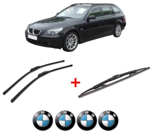 Set 3 stergatoare BMW Seria 5 Touring (E61) din 2004 - 2010, pentru parbriz si luneta fata si spate auto, Bosch Twin, din cauciuc siliconat rezistent, 4 Stickere Auto BMW v4163