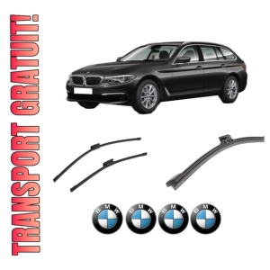 Set 3 stergatoare BMW Seria 5 Touring (G31) din 2017-2022, pentru parbriz si luneta fata si spate auto, Bosch Aerotwin-Aerotwin Multi, din cauciuc siliconat rezistent, 4 Stickere Auto BMW